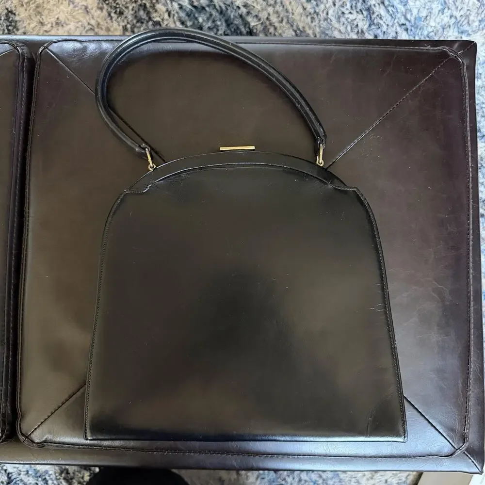 Leather Top Handle Bag Womens Medium Black Gold Hardware Formal Evening Purse